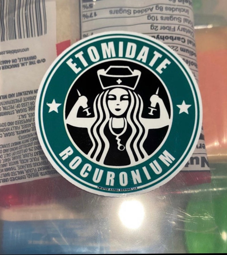 May include: A green and black round sticker with a stylised image of a woman wearing a nurse's hat and holding syringes. The text "Etomidate Rocuronium" is written in a circular pattern around the image.