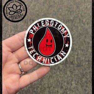 Bloedafname Technicus zwarte en rode sticker, ziekenhuis, medische leuke, grappige persoonlijke ronde sticker