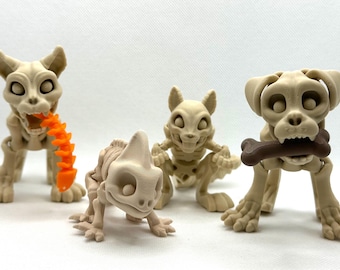Confezione da 4 scheletri stampati in 3D: cane, gatto, scoiattolo e camaleonte, Halloween