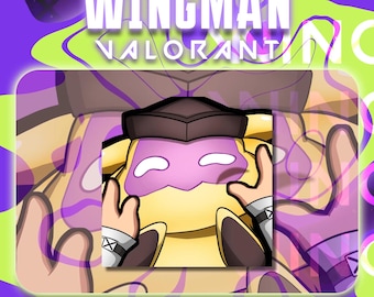 Könnte beinhalten: Eine digitale Illustration eines gelben Charakters mit einer lila Maske und einem braunen Hut. Der Charakter ist von einem lila und gelben Hintergrund umgeben, auf dem oben der Text "WINGMAN VALORANT" steht. Der Text "Art By LOOKEMAGINATION" befindet sich unten im Bild.