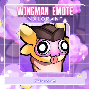 May include: A digital illustration of a Wingman Emote from Valorant. The character is yellow with a brown hat, pink mask, and tongue sticking out. The background is purple with clouds and the text "WINGMAN EMOTE VALORANT" is at the top.