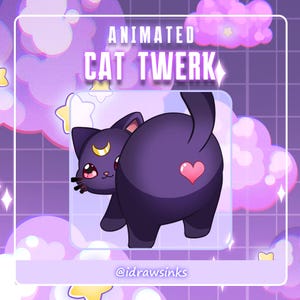 Peut inclure: Illustration animée d'un chat noir avec un croissant de lune sur le front et un cœur rose sur les fesses. Le chat est dans une pose de twerk sur un fond violet et rose avec des nuages. Le texte "ANIMATED CAT TWERK" est en haut de l'image et le texte "@idrawsinks" est en bas.