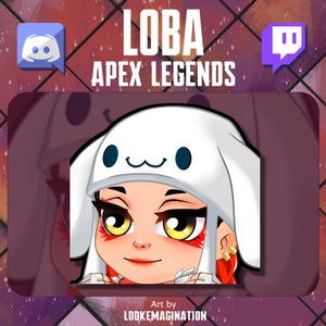K&ouml;nnte beinhalten: Digitales Kunstwerk von Loba aus Apex Legends, mit einem wei&szlig;en Hut und Cartoon-Gesicht. Das Bild enth&auml;lt den Text "LOBA APEX LEGENDS" und Social-Media-Icons f&uuml;r Discord und Twitch. Kunst von LOOKEMAGINATION.