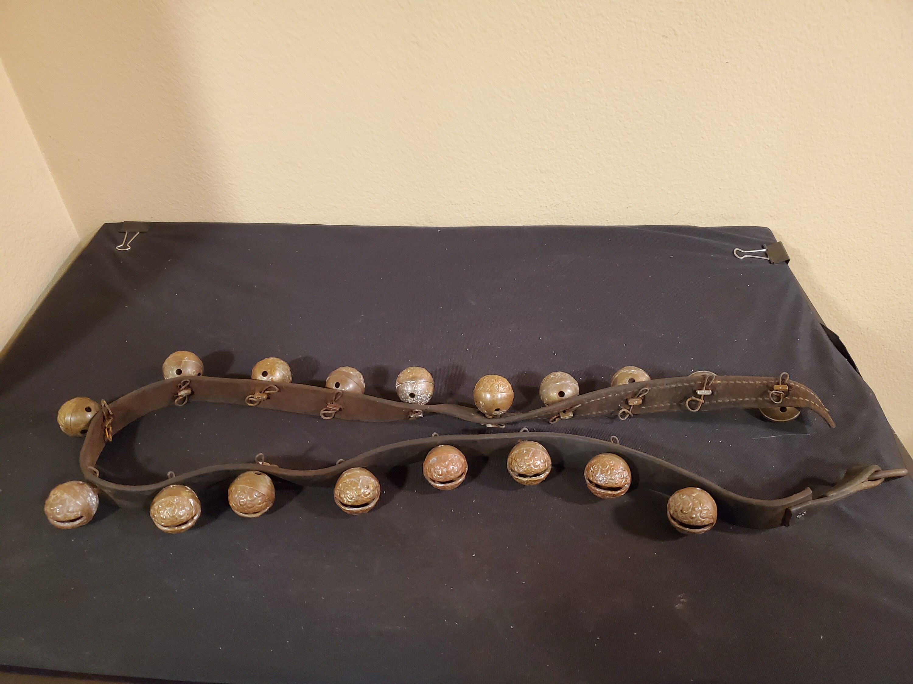 Vintage BRASS Bells on weathered leather strap 18 Ornate Etsy