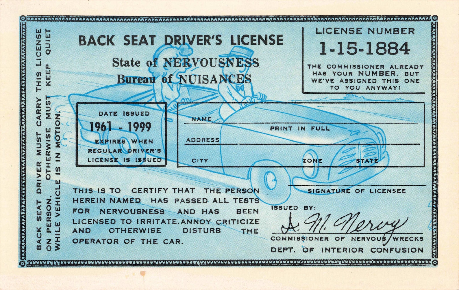 Postcard Humor Back Seat Driver's License Etsy