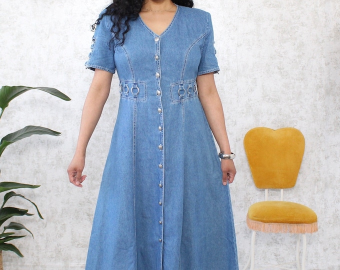 Vintage Denim Dress 1980s Western Style Maxi Dress Country Style Denim