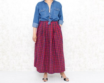 Vintage Long Plaid Skirt, Extra Small, 1980s Red Checkered Full Skirt, Cotton Maxi Skirt