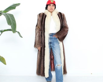 70s Vintage Fur Coat | Full Length Brown and White Fox and Mink Fur Coat Size Medium