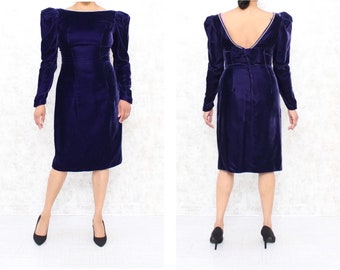 Puff-Shoulder Velvet Beaded Dress, 1980s Purple Velvet Dress, Statement Bow Plunging Back Dress, Women's Vintage Dresses Size Small