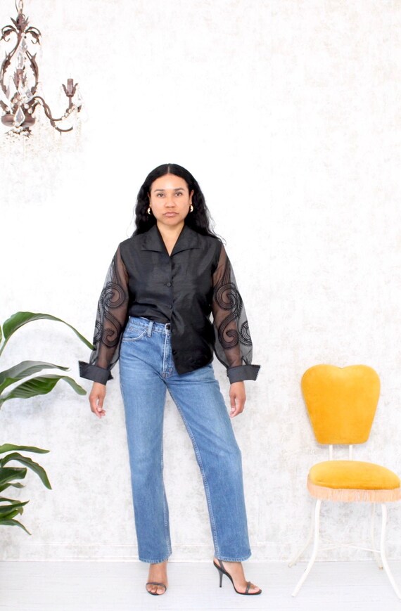 Vintage 1980s | Black Sheer Organza Blouse | Ladie