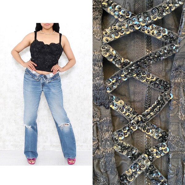 1990s Beaded Black Bustier, Vintage Sequins Stretchy Corset Style top, Embellished Zipper Tank Top Size Large