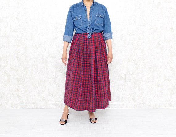 Vintage Long Plaid Skirt, Extra Small, 1980s Red … - image 2