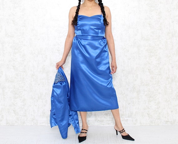 Vintage 80s Blue Satin Dress Set, Medium, Glam Pu… - image 1