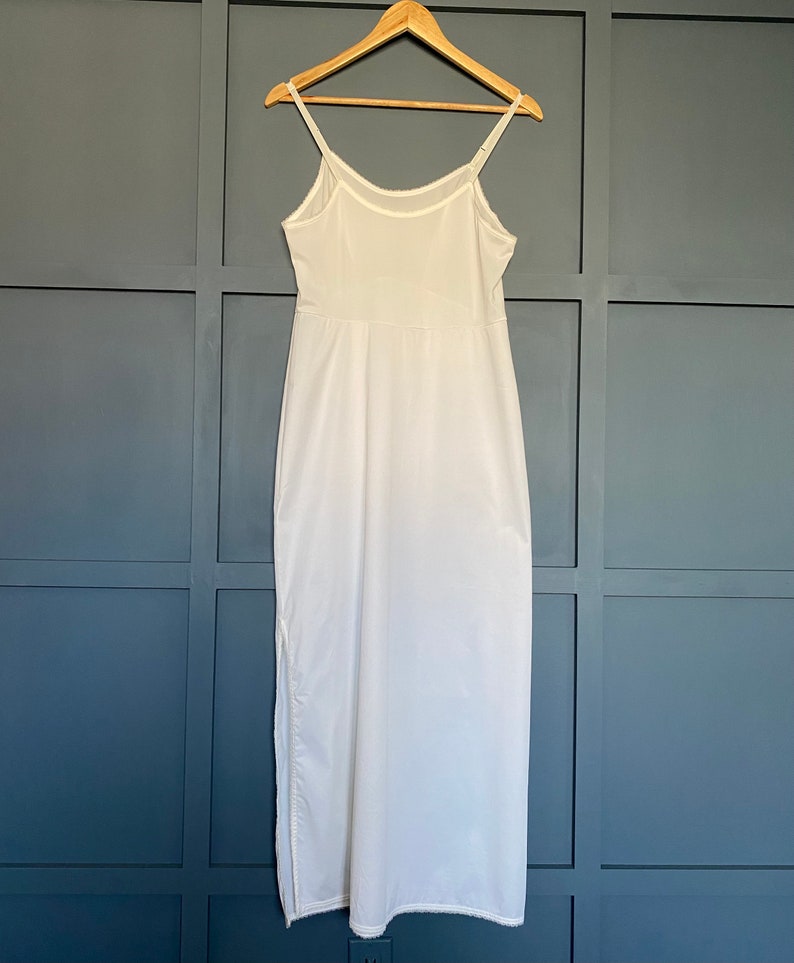 Vintage Van Raalte White Slip, Long Slipdress w/ Side Slit, 1950s Nylon Ankle Length Underdress, Women's Lingerie Nightgowns Size Small image 7