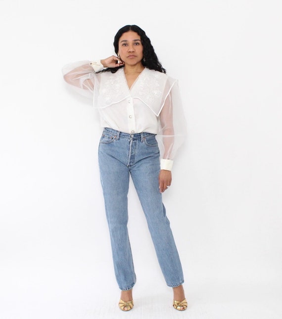 Vintage | 1980s | White Sheer Organza Blouse with