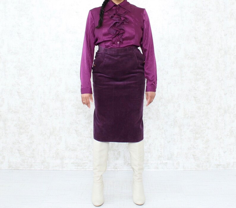 Vintage Purple Skirt Cotton Skirt with Pockets 1980s Purple Corduroy Pencil Skirt Women/'s Vintage Clothing Size Small