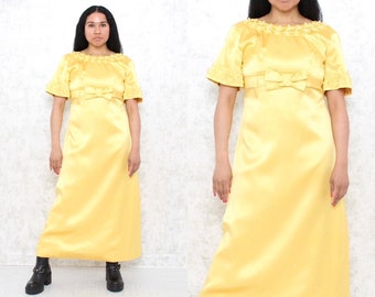 60s Yellow Satin Dress With Bow, Vintage Beaded Maxi Dress, Empire Waist Dress, Satiny Hostess Dress Size Small