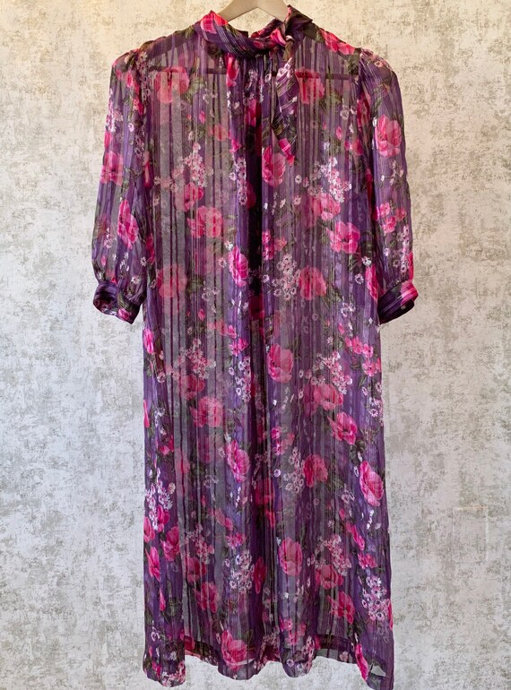 Vintage Sheer Floral Dress, 1970s Purple Chiffon … - image 4