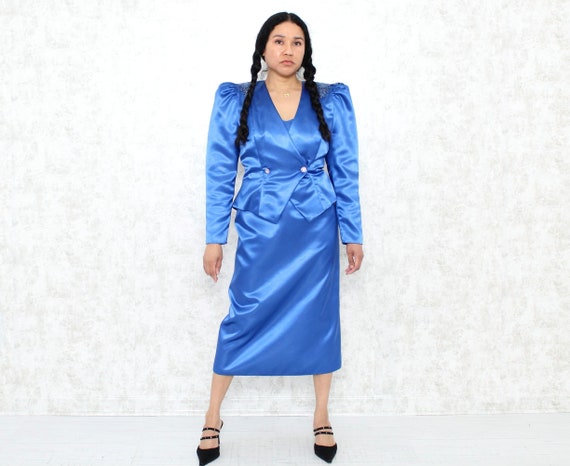 Vintage 80s Blue Satin Dress Set, Medium, Glam Pu… - image 3