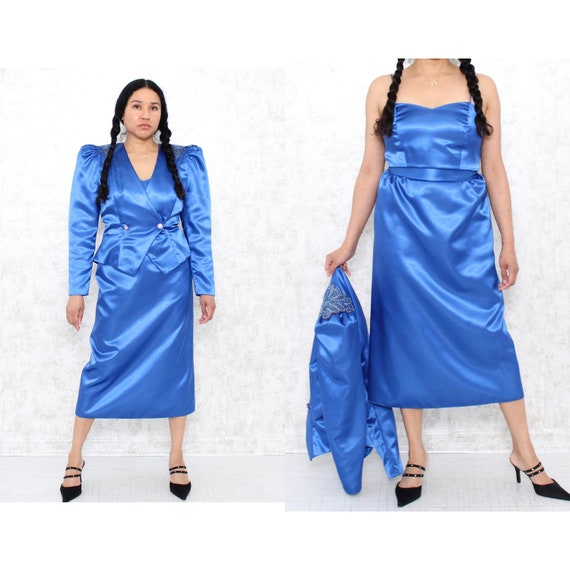 Vintage 80s Blue Satin Dress Set, Medium, Glam Pu… - image 2