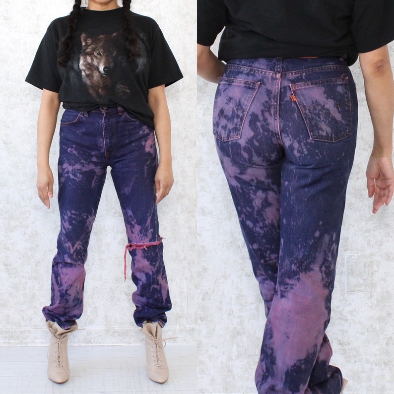 Custom Orange Tab Vintage Levi's Jeans, Bleached Ripped Denim High