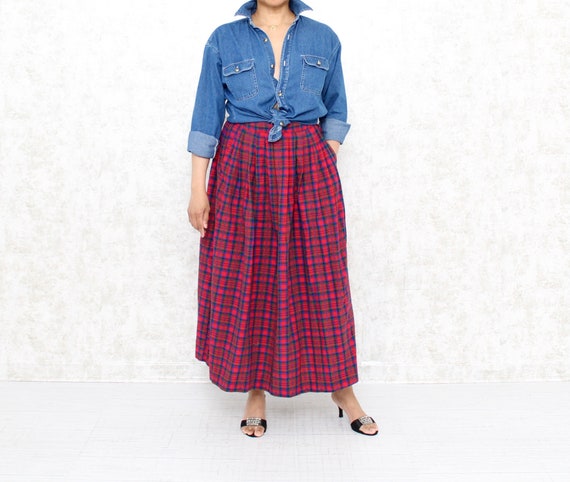 Vintage Long Plaid Skirt, Extra Small, 1980s Red … - image 1