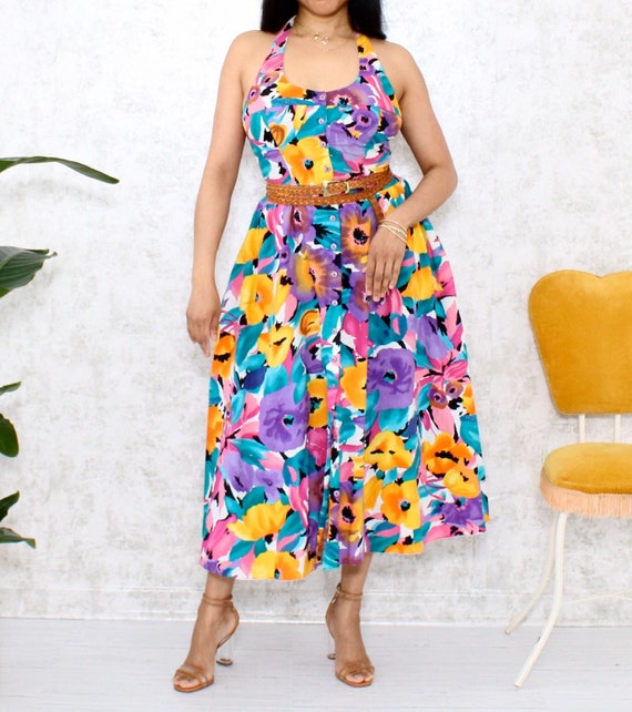 Vintage Floral Halter Dress | 1980s Summer Dress |