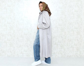 Vintage Silver Duster, 1980s Grey Lightweight Spring Coat, Babydoll Jacket with Belt, Women's Long Jackets Size Medium