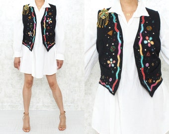 1980s Black Sequins Vest, Vintage Cotton Sparkly Embellished Waistcoat, Funky Women's Vest Size Medium