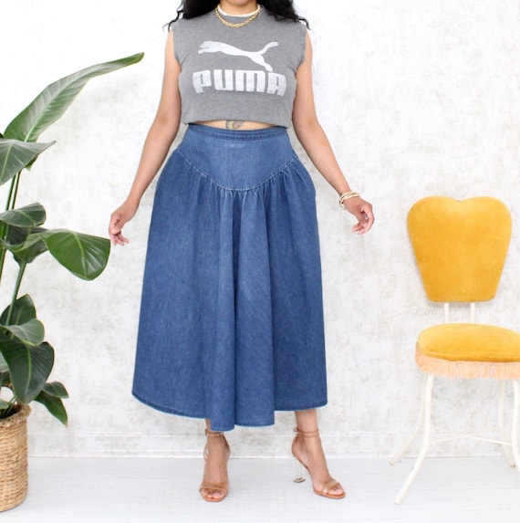Vintage Denim Prairie Skirt | 1980s High Waisted D