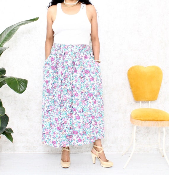 1980s Floral Maxi Skirt with Buttons | Cotton Maxi