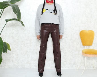 Y2K Mid Rise Leather Pants, Small, Gap Burgandy Brown  Straight Leg Leather Jeans