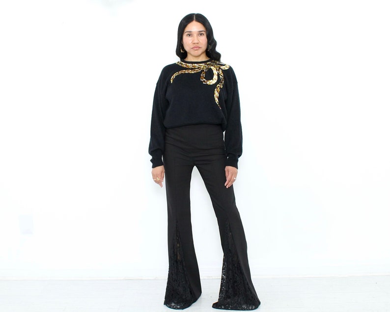 Vintage '80s Bow Sweater Black Sequins Knit Top Size Medium image 1