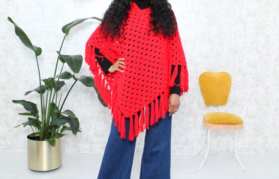 1970s Knit Poncho With Fringe | Vintage Hand Knit