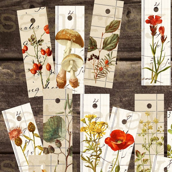 Woodland Tags Printable, Digital Download, Vintage Botanical Tags, Botanical Skinny Tags, Instant Download, Junk Journal Ephemera