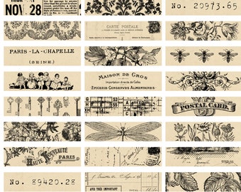May include: A set of 20 vintage-style printable labels featuring black and white illustrations on a beige background. The labels include floral designs, birds, insects, text, and numbers. The labels are perfect for adding a touch of vintage charm to your crafts, scrapbooking, and other projects.