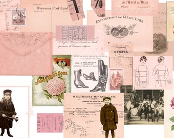 May include: A digital download set of vintage ephemera images in pink tones. The set includes images of flowers, a child, a woman, a building, and text. The text includes the words "Overseas Post Card", "Bal de l'Hotel de Ville", "Exposition de Liege 1905", and "Artist Tailors".