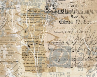 Puede incluir: Papel digital de estilo vintage con un fondo desgastado que presenta una partitura musical, texto y la palabra "Vintage" en una fuente marrón. El papel tiene un aspecto descolorido y envejecido con una combinación de colores marrón claro y gris.