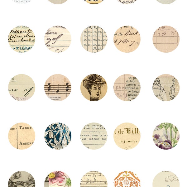 Vintage Ephemera Circles, Digital Printable, Small Circles, Round Tags, Printable Ephemera, Junk Journal, Vintage Paper Circles, one inch