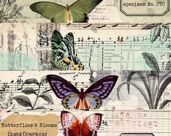 Butterflies and Florals, Vintage Collage Paper, Stained Paper, Printable, Paper Ephemera, Digital Download, Junk Journal, Collage Pages