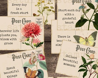 Vintage Floral Postcards, Digital Printable, Junk Journal Ephemera, Journal Cards, Pocket Cards, Instant Download, Quote Journal Cards,