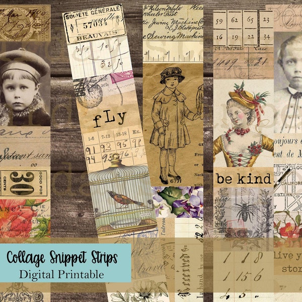 Vintage Ephemera Pack, Collage Paper, Collage Snippet Strips, Digital Paper, Digital Download, Vintage Paper Strips, French Ephemera,