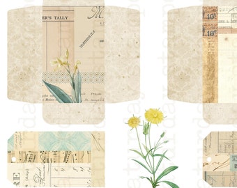 Puede incluir: Un conjunto de sobres y etiquetas imprimibles de estilo vintage. Los sobres son beige con un diseño floral y las etiquetas son beige con una variedad de patrones. El texto en los sobres dice "ER'S TALLY" y "M". El texto en las etiquetas dice "82696" y "F2".