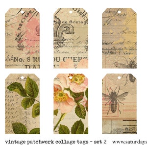 Shabby Collage Tags, Set 2, Vintage Ephemera, Patchwork Tags, Ledger Tags, Bee, Advertising, Digital Printable, Junk Journal Tags