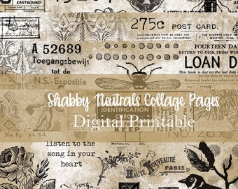 Vintage Collage Papier, shabby neutrals Papier, bedruckbares Vintage Papier, Vintage Ephemera, digitaler Download, Junk Journal, Collage Seiten