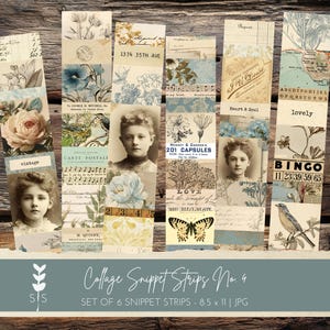 Op de afbeelding: Een set van zes collage-snippetstrips. Elke strip bevat vintage ephemera, waaronder botanische illustraties, portretten en handgeschreven tekst. Het kleurenpalet omvat crème-, blauw- en sepia-tinten. De afmeting van elke strip is 21,59 x 27,94 cm.