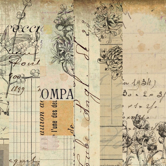 Grungy Collage Floral Papers, Ledger Papers, Digital Download, Printable Papers, Junk Journal Ephemera, Digital Papers, Collage Papers