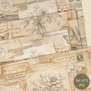 Peut inclure: Une feuille de collage numérique présentant des éphémères de style vintage avec des bords de papier déchirés, des dessins au trait botaniques de fleurs, de la dentelle, des timbres, une écriture manuscrite et des cachets postaux beiges.