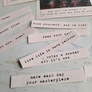 May include: A collection of pink paper strips with inspirational quotes printed in black typewriter font. The quotes include "renew", "wander often", "live life in warm yellows", "make each day your masterpiece", and "find yourself, and be that".