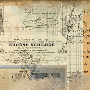 May include: Vintage advertisement for Eugene Schildge, a dealer of sewing machines and bicycle parts. The ad features a bicycle, a floral design, and the text "MACHINES A COUDRE" and "EUGENE SCHILDGE".